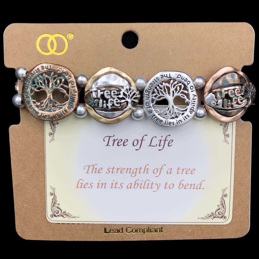Tree of Life Oval Charms Mixed Metal Silver Gold Copper Stretch Gift Bracelet